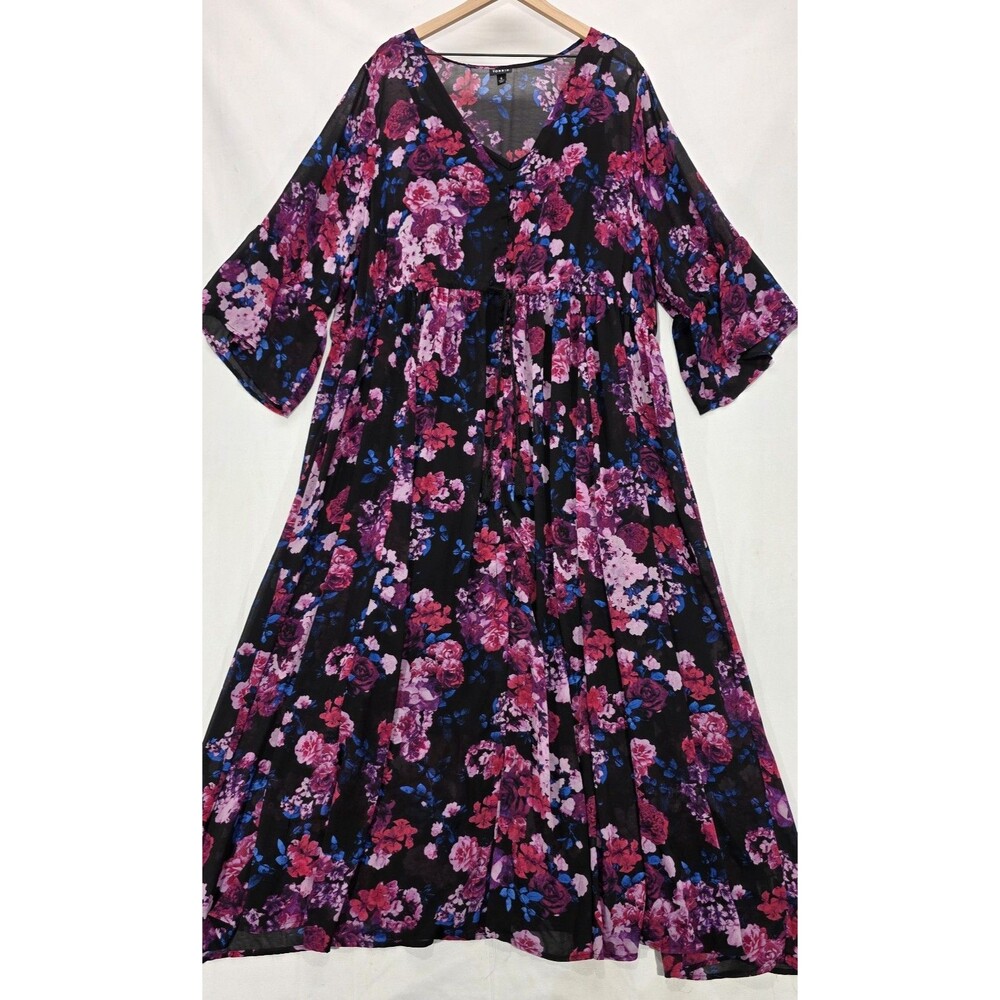 Torrid Black Floral Chiffon Maxi Dress 4X Button Up Bell Sleeve Flowy Whimsigoth